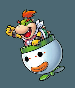 Bowser Jr. 騎著一個帶綠色邊飾的笑臉貝殼，背景是灰色。 — Galaxy Z Fold 6 壁紙