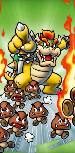 Bowser 和 Goombas 在熾熱的電子遊戲戰鬥場景中。 — Pixel 3 壁紙