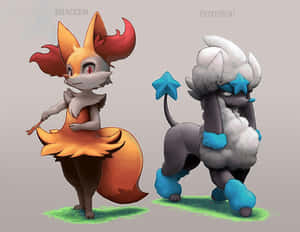 兩隻寶可夢Braixen和Furfrou站在灰色背景前的草地上。 — 可愛寵物小精靈 壁紙