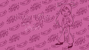 Bratz 角色 Jade 以粉紅色動漫風格呈現，背景為重複的標誌和眼睛圖案。