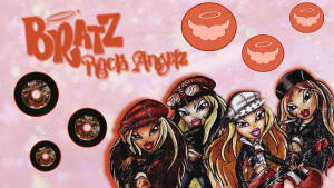 Bratz Rock Angels 角色，手持結他並帶有天使翅膀，在帶有黑膠唱片的粉紅色背景上。