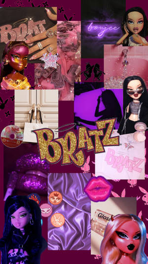 Bratz 公仔拼貼畫，帶有閃粉、金錢和紫色調的時尚單品。