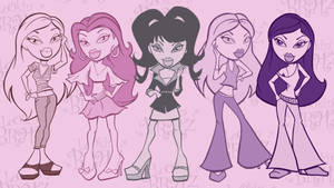 五個穿著紫色服裝的 Bratz 公仔在粉紅色背景上自信地擺姿勢。