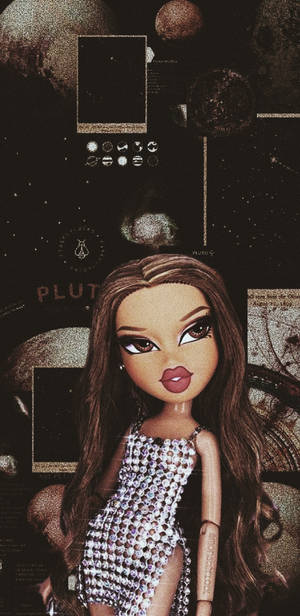 Bratz 公仔穿著閃亮連衣裙，背景是太空主題，有行星和符號。
