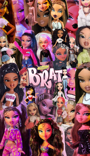Bratz娃娃穿著色彩繽紛的服裝，妝容大膽，中央有「BRAT」字樣。