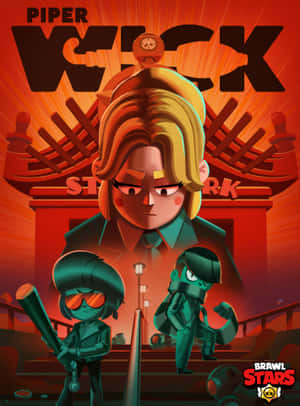 《Brawl Stars》中的 Piper Kick 站在兩名戰士上方，場景為火橙色。
