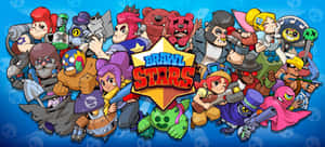色彩繽紛的卡通風格 Brawl Stars 遊戲角色在標誌周圍擺姿勢。