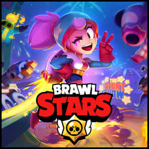 Brawl Stars 角色在色彩繽紛的遊戲場景中眨眼並比出和平手勢。