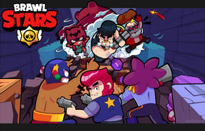 Brawl Stars 角色在充滿瓦礫的競技場中戰鬥，伴有爆炸。