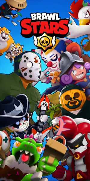 藍天下色彩繽紛的卡通風格《Brawl Stars》遊戲角色。