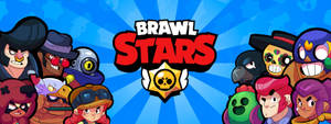 Brawl Stars 遊戲標誌，周圍環繞著色彩繽紛的卡通角色。