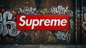 紅色Supreme標誌牌在一個佈滿塗鴉的磚牆上