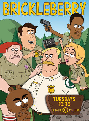 Brickleberry 電視節目海報，卡通管理員和熊在森林環境中。