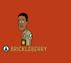 卡通警長角色帶有樹木補丁和徽章，在紅色背景前與Brickleberry標誌。