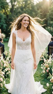 一位微笑的新娘穿著白色蕾絲婚紗，走過花園小徑。