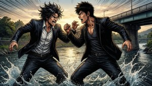 兩名男子在橋下的河流中打鬥，夕陽下