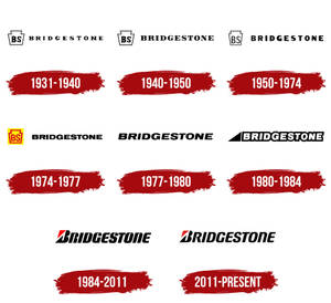 Bridgestone 標誌演變時間線，由 1931 年至今，帶有紅色日期條。