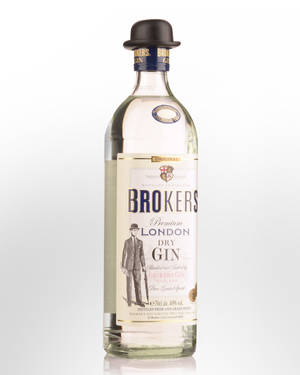 Brokers Premium London Dry Gin 酒瓶，標籤上有復古紳士插圖。
