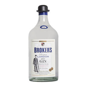 Broker's Premium London Dry Gin 酒瓶，配有黑色高頂禮帽瓶塞和復古標籤。