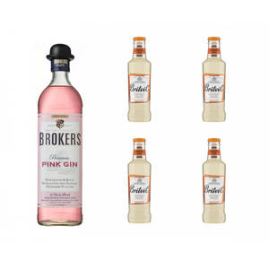 Brokers 粉紅氈酒和四個 Britvil 薑玫瑰氈酒瓶的產品照片。