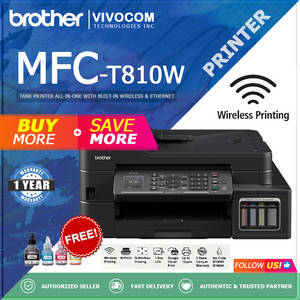 黑色Brother MFC-T810W打印機，配備無線和乙太網功能，顯示促銷優惠和墨水樽。