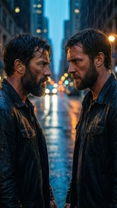 兩個穿著黑色外套的男人在黃昏時分的雨街上面對面。