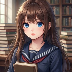 動漫女孩穿著水手制服在圖書館裡拿著書，周圍堆滿了書
