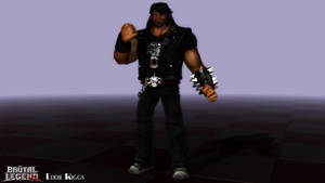 來自《Brutal Legend》的遊戲角色 Eddie Riggs，身穿黑色皮革和帶刺的護臂。
