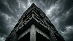 一座高混凝土建築在黑暗暴風雨天空下升起，伴有厚重雲層。