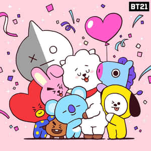 BT21角色擁抱並以五彩紙屑和心形慶祝。