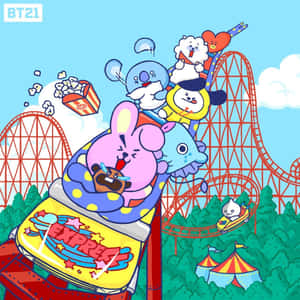 BT21角色在過山車上，爆米花飛舞，下方有馬戲團帳篷。