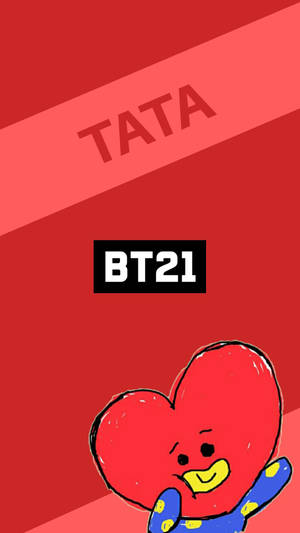 紅色心形角色穿著藍色襯衫，帶有'TATA'和'BT21'文字，紅色背景。