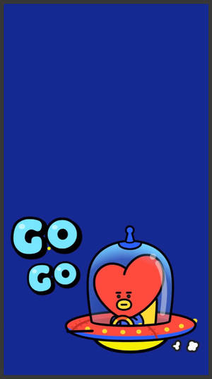 一個紅色心形角色在UFO中，帶有'GO GO'文字，背景為藍色。