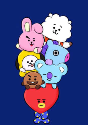 六個BT21卡通角色堆疊在一個紅色心形上，背景為藍色。