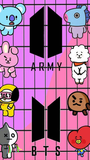 BTS ARMY 標誌與卡通人物在粉紅色網格背景上。