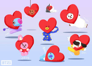 紅色心形內的BT21卡通角色在淡紫色天空中頑皮地漂浮。