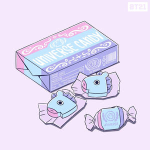 BT21宇宙糖果盒，內有包裹成豬形狀的零食，置於薰衣草背景上