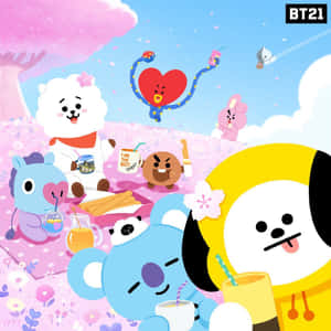 BT21角色在櫻花下野餐，有飲料和小吃。