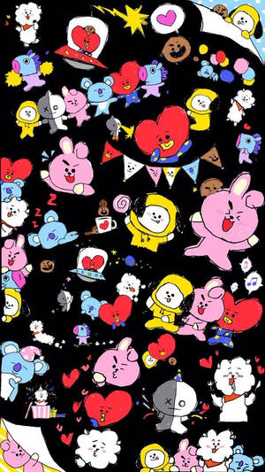 BT21角色在黑色背景上用心形和星星慶祝。