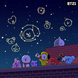 BT21角色在天台上觀看夜空中形狀像他們臉孔的星座。 — 可愛的防彈少年團 壁紙