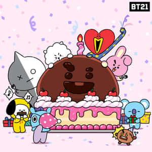 BT21角色聚集在一個巨大的生日蛋糕周圍，蛋糕上有蠟燭和五彩紙屑。 — iPad 壁紙