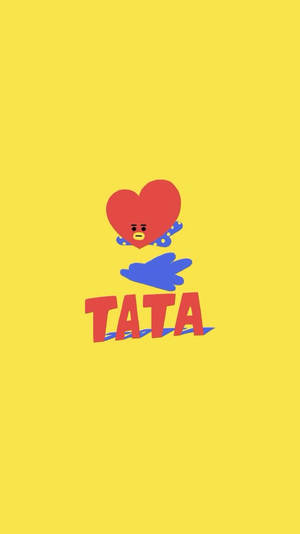 一個帶翅膀的卡通心形在黃色背景上的「TATA」一詞上方。