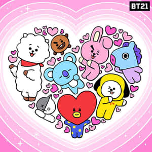 BT21角色聚集在心形周圍，有粉紅色心形和閃光。