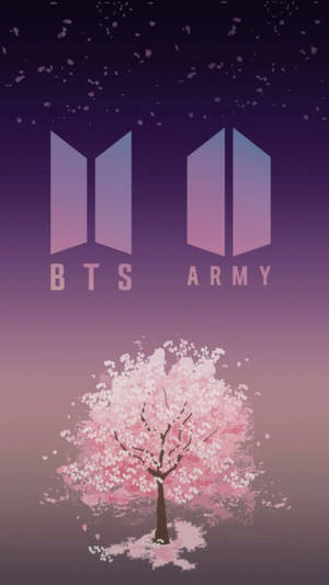 紫色天空下的櫻花樹，上方有BTS Army標誌