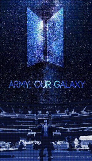 舞台上的表演者，下方是帶有「ARMY OUR GALAXY」文字的星形BTS標誌。