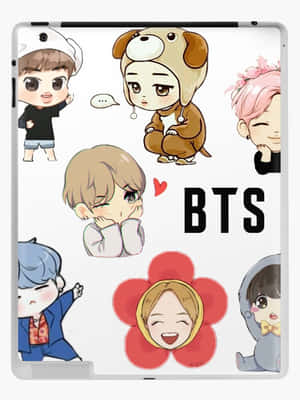 可愛的BTS成員穿著服裝出現在帶有'BTS'文字的平板保護殼上。