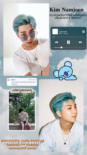 Kim Namjoon 照片與社交媒體帖子和卡通角色的拼貼畫。