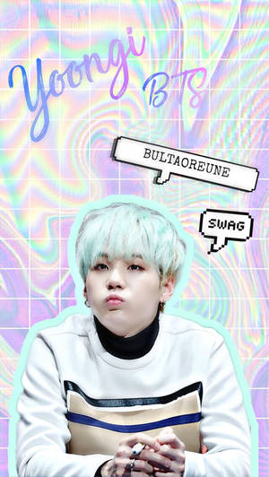 K-pop偶像Yoongi BTS，薄荷色頭髮，在色彩繽紛的數位背景上搭配大膽的文字圖形。