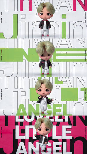 Chibi Jimin 公仔在圖形背景上垂直堆疊，帶有醒目文字。