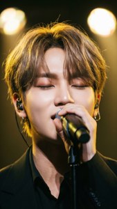 男歌手在舞台上閉著眼睛拿著麥克風表演。
